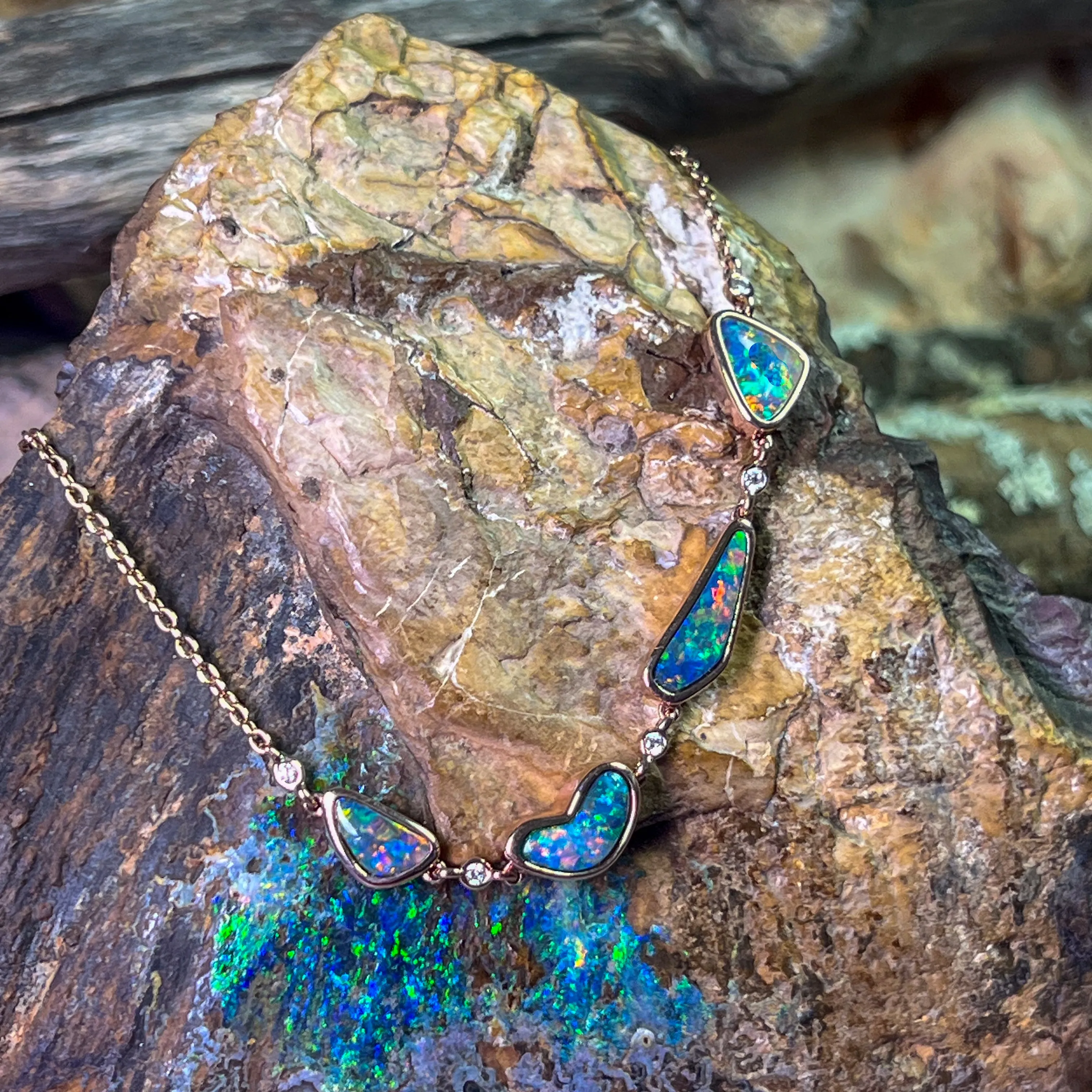 14kt Rose Gold Bracelet 4 Freeform Black Opal and diamond bracelet