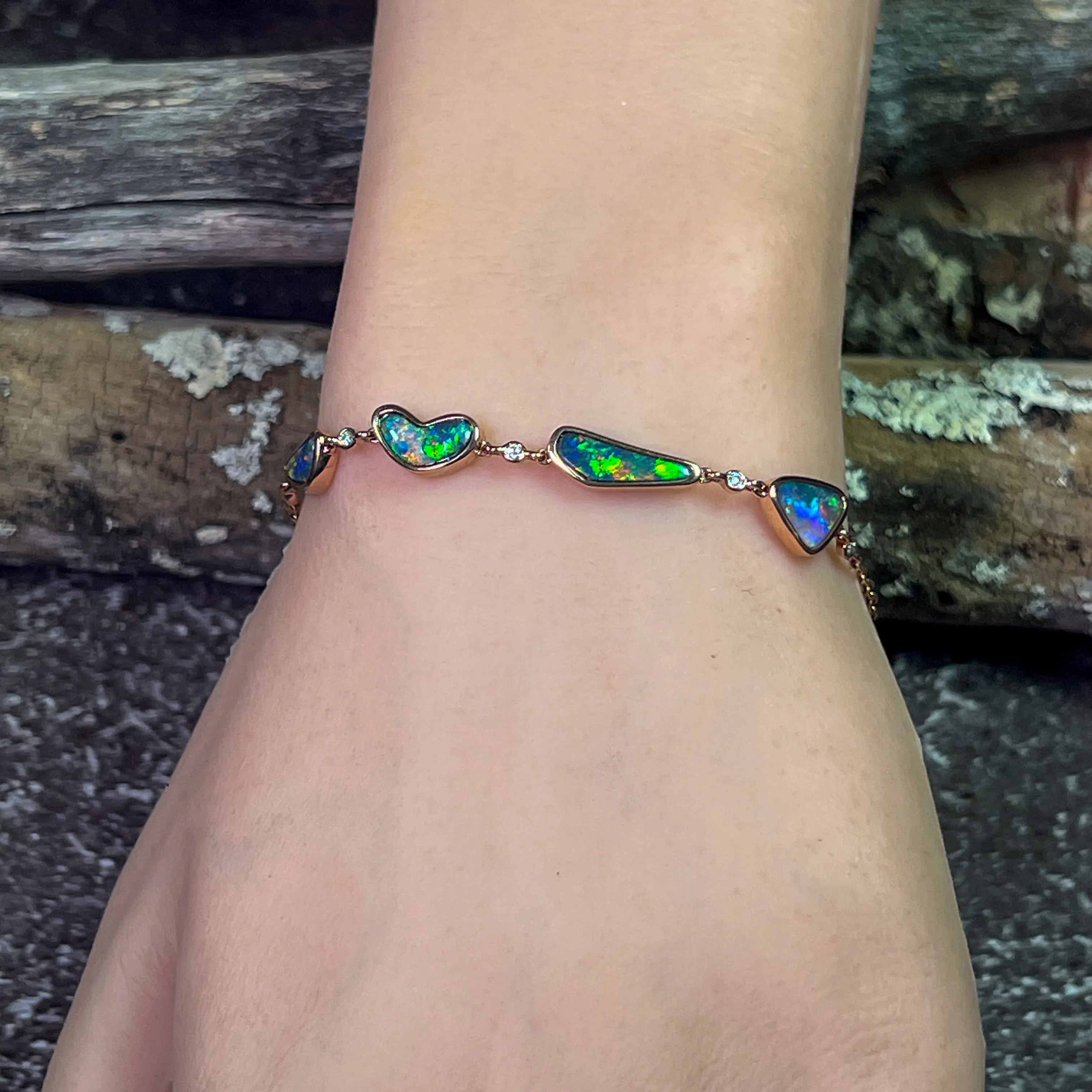 14kt Rose Gold Bracelet 4 Freeform Black Opal and diamond bracelet