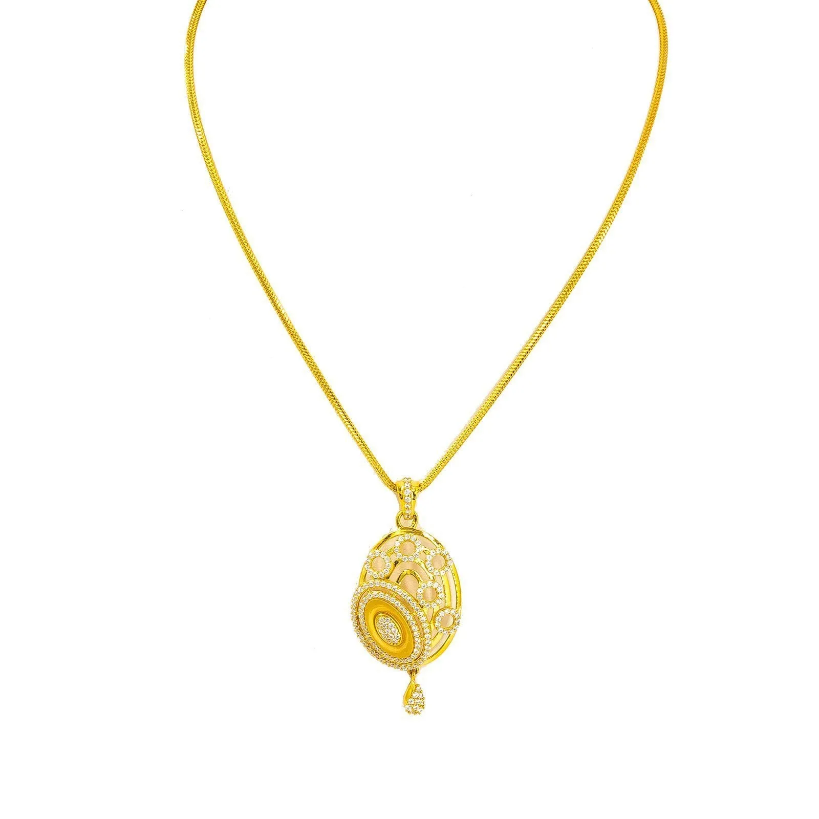 22K Yellow Gold Earring & Necklace Set W/ CZ Encrusted Statement Pendant & Circular Details