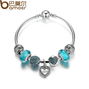 BAMOER Romantic Vintage Bracelets Silver Color Heart Pendant Charm Bracelets & Bangle with Blue Beads Jewelry PA3801