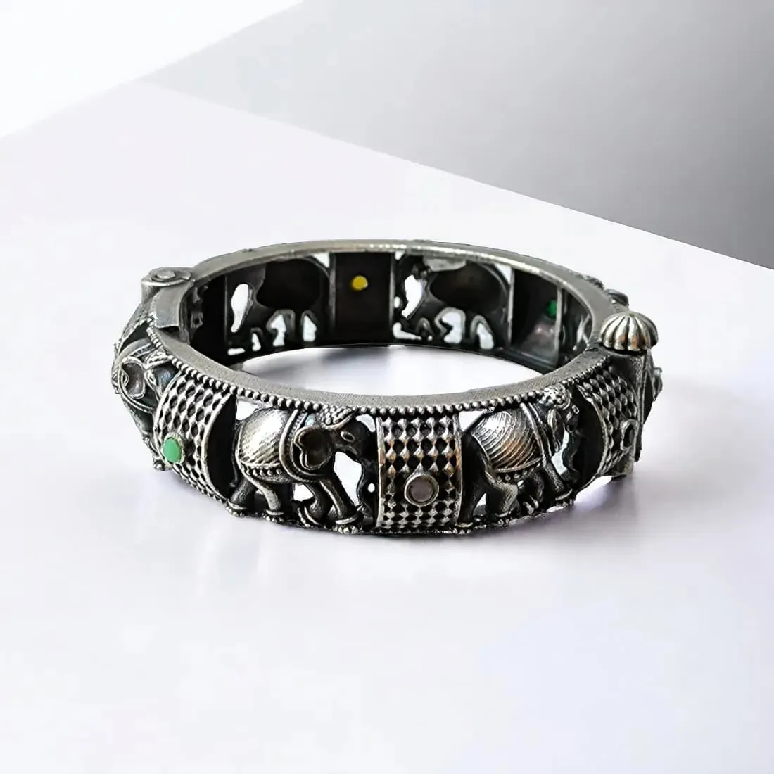 Boho Elephant Kada Bangle, Silver