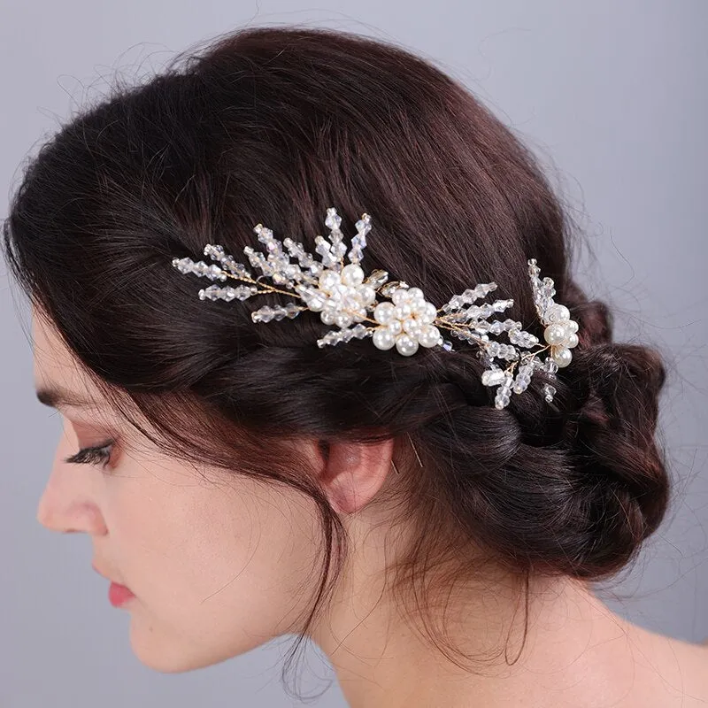 Flytonn Handmade Vintage Bohemian Crystal Headpiece Wedding Hairpins Headdress 3PCS Fashion Pearl Flower Bridal Hair Accessories Tiaras