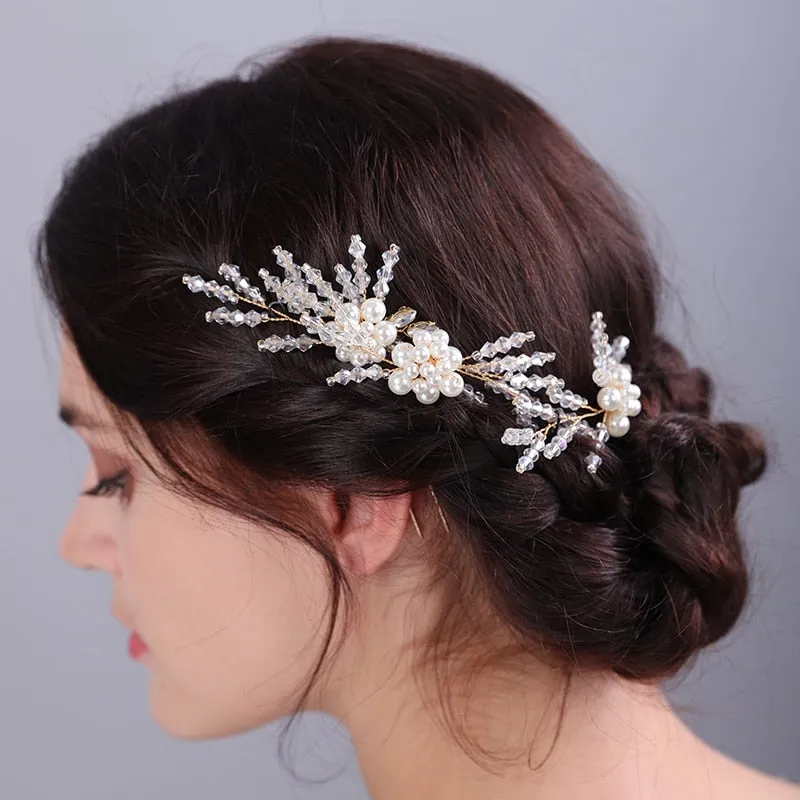 Flytonn Handmade Vintage Bohemian Crystal Headpiece Wedding Hairpins Headdress 3PCS Fashion Pearl Flower Bridal Hair Accessories Tiaras