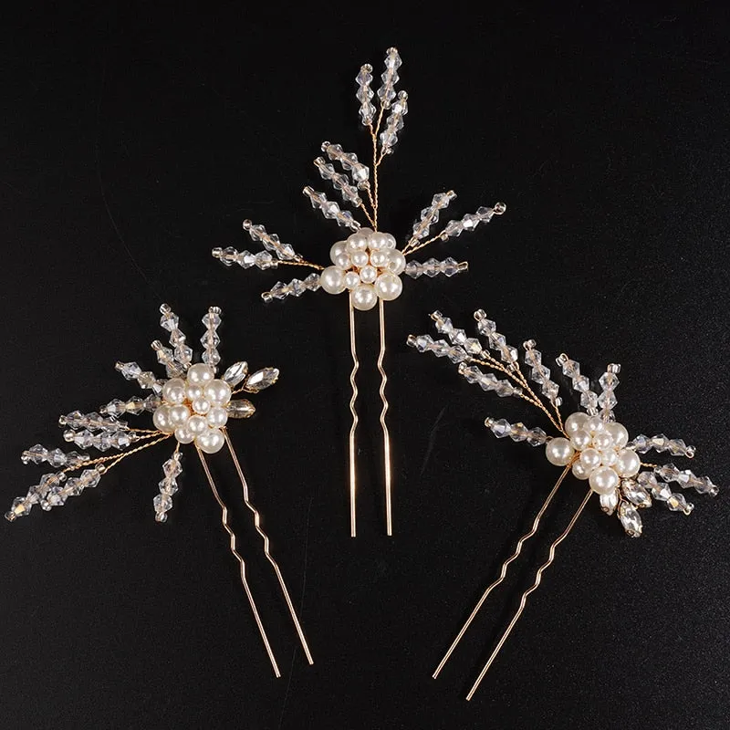 Flytonn Handmade Vintage Bohemian Crystal Headpiece Wedding Hairpins Headdress 3PCS Fashion Pearl Flower Bridal Hair Accessories Tiaras