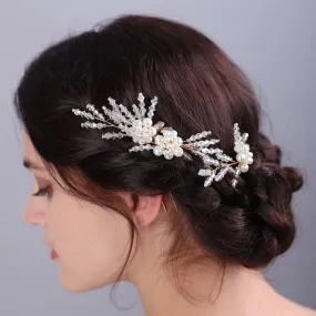 Flytonn Handmade Vintage Bohemian Crystal Headpiece Wedding Hairpins Headdress 3PCS Fashion Pearl Flower Bridal Hair Accessories Tiaras