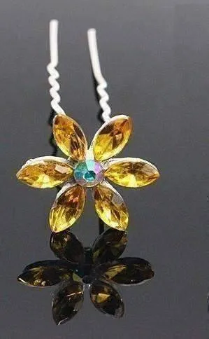 Fun Flowers Crystal and Rhinestone Silver Plated Hair Pins