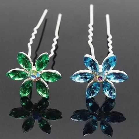 Fun Flowers Crystal and Rhinestone Silver Plated Hair Pins