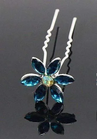Fun Flowers Crystal and Rhinestone Silver Plated Hair Pins