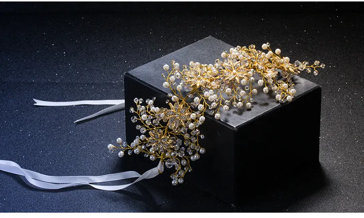 Luxury Gold Women Crystal Tiara Pearl Wedding Hairband