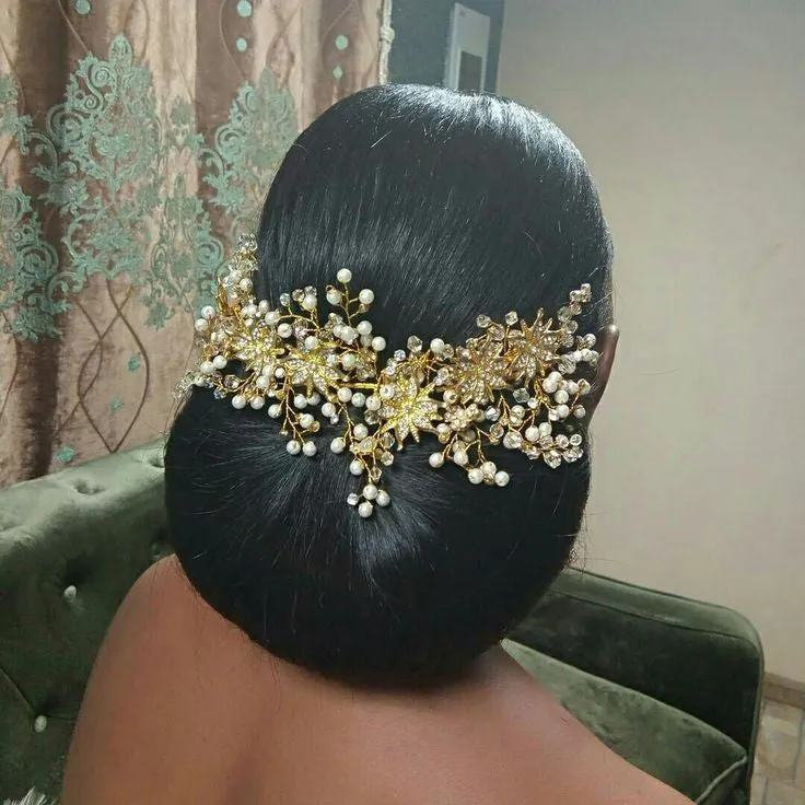 Luxury Gold Women Crystal Tiara Pearl Wedding Hairband