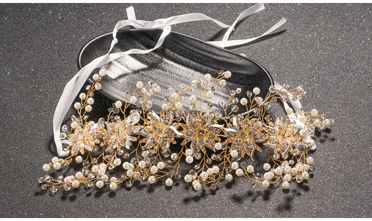 Luxury Gold Women Crystal Tiara Pearl Wedding Hairband