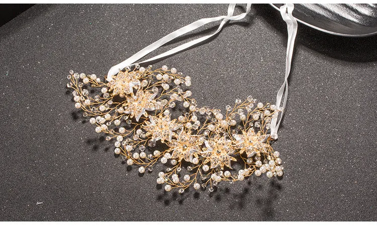 Luxury Gold Women Crystal Tiara Pearl Wedding Hairband