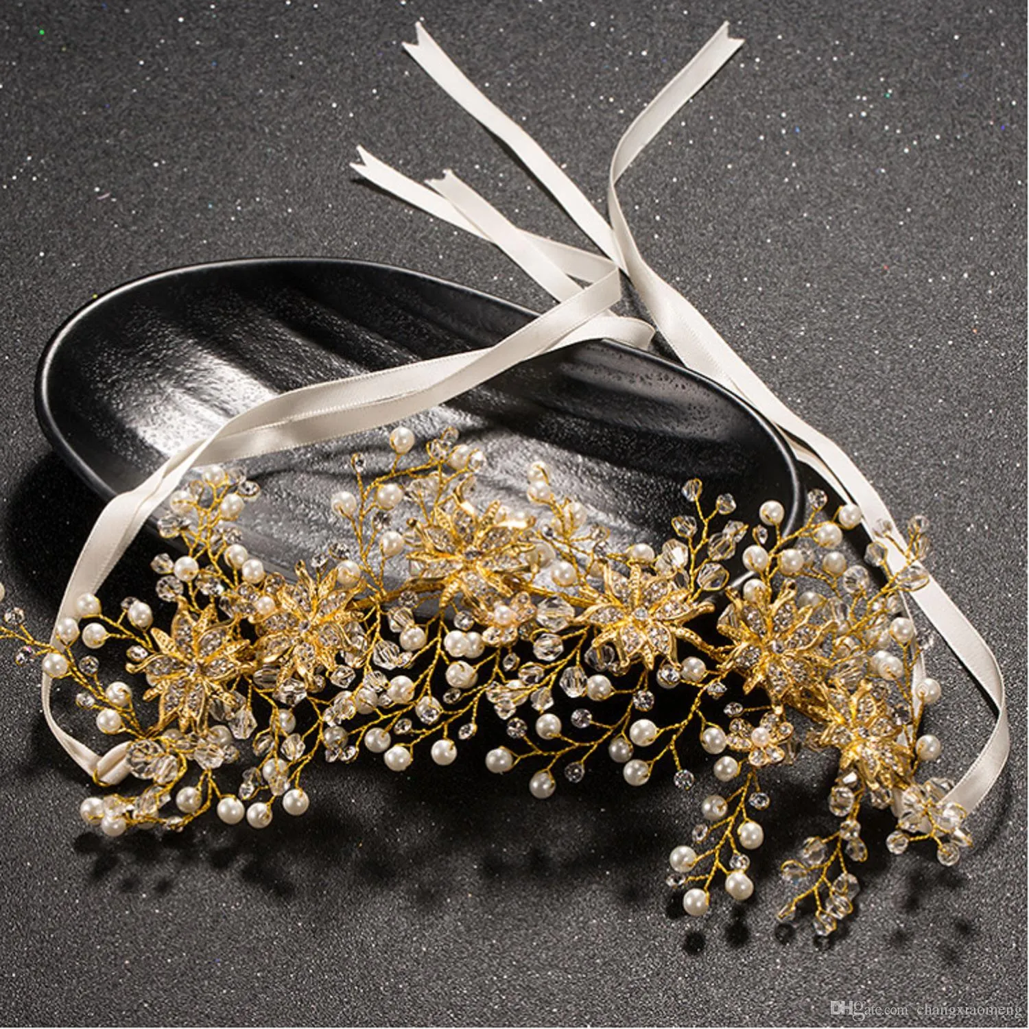 Luxury Gold Women Crystal Tiara Pearl Wedding Hairband