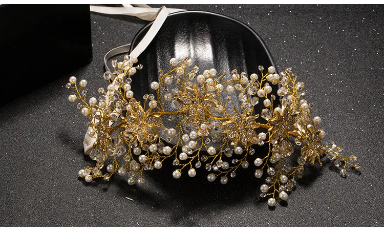 Luxury Gold Women Crystal Tiara Pearl Wedding Hairband
