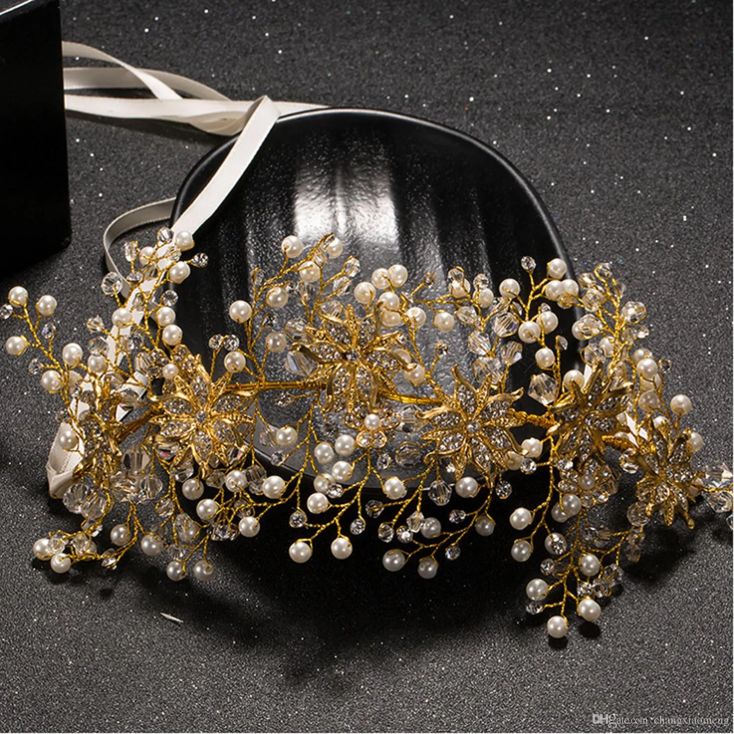 Luxury Gold Women Crystal Tiara Pearl Wedding Hairband
