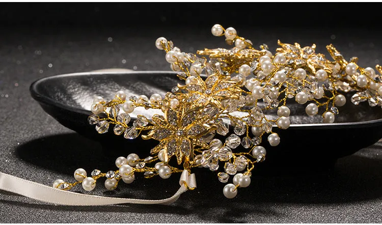 Luxury Gold Women Crystal Tiara Pearl Wedding Hairband