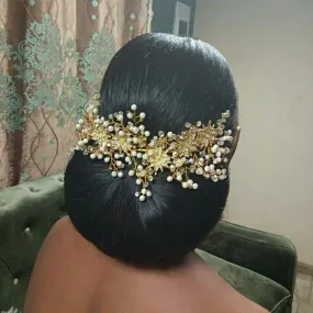 Luxury Gold Women Crystal Tiara Pearl Wedding Hairband