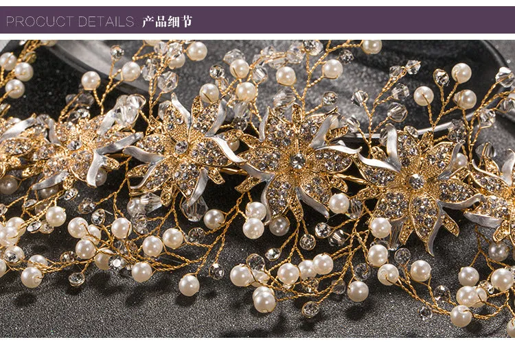 Luxury Gold Women Crystal Tiara Pearl Wedding Hairband