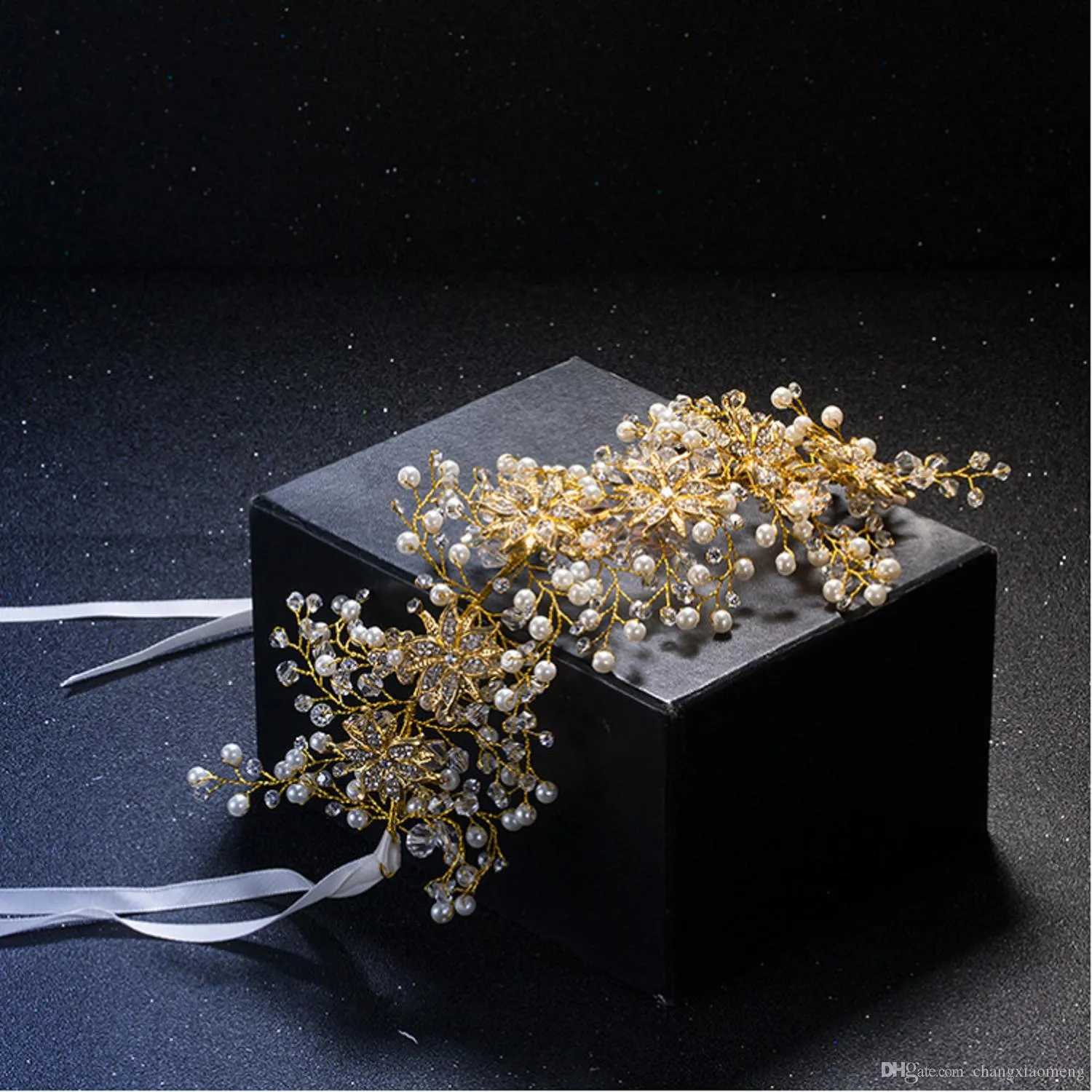 Luxury Gold Women Crystal Tiara Pearl Wedding Hairband