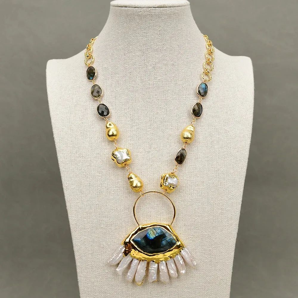 Natural White Keshi Flower Pearl Labradorite Gemstone Necklace