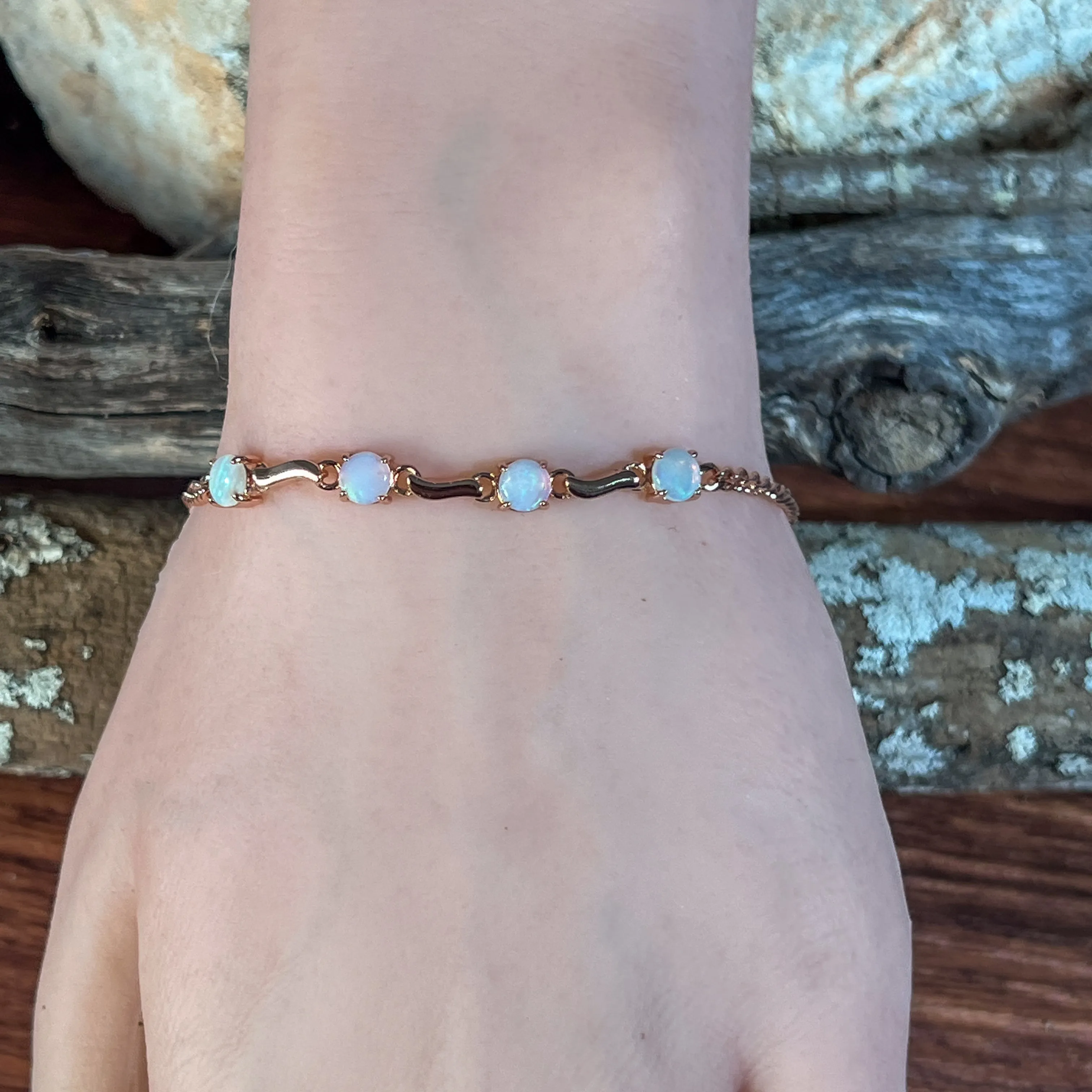 Rose Gold Plated Sterling Silver white opal 5mm bracelet wave pattern