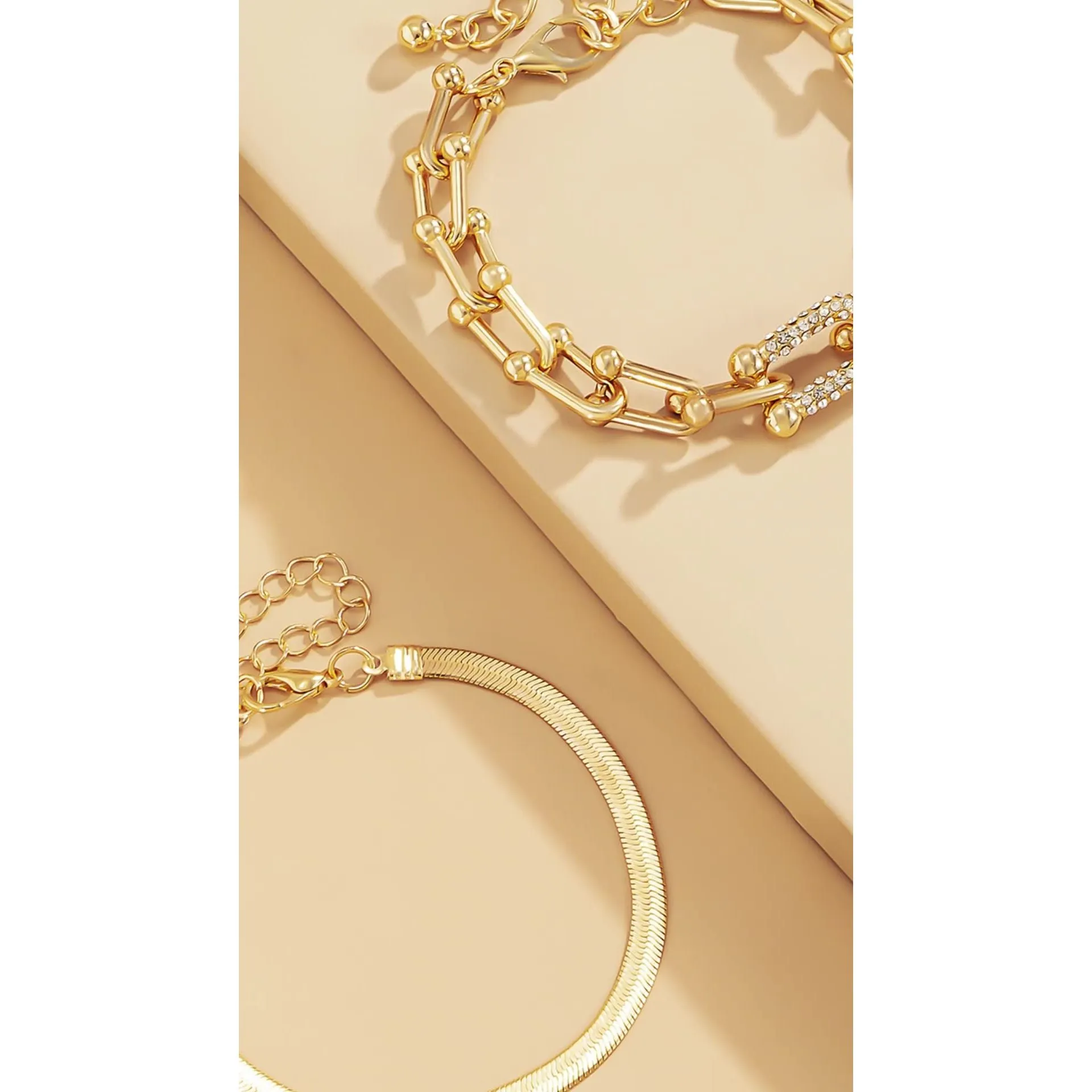 U-shaped Link Rhinestone And Snake Link Duo Bracelet Set